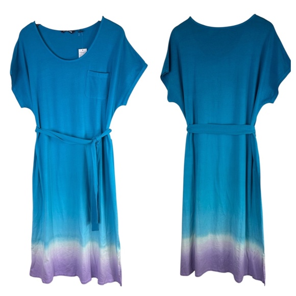 New Lands End Midi Dress Sz XL 1X 18 Ombre Tie Dye Blue Belted Boho Coastal - Picture 2 of 4